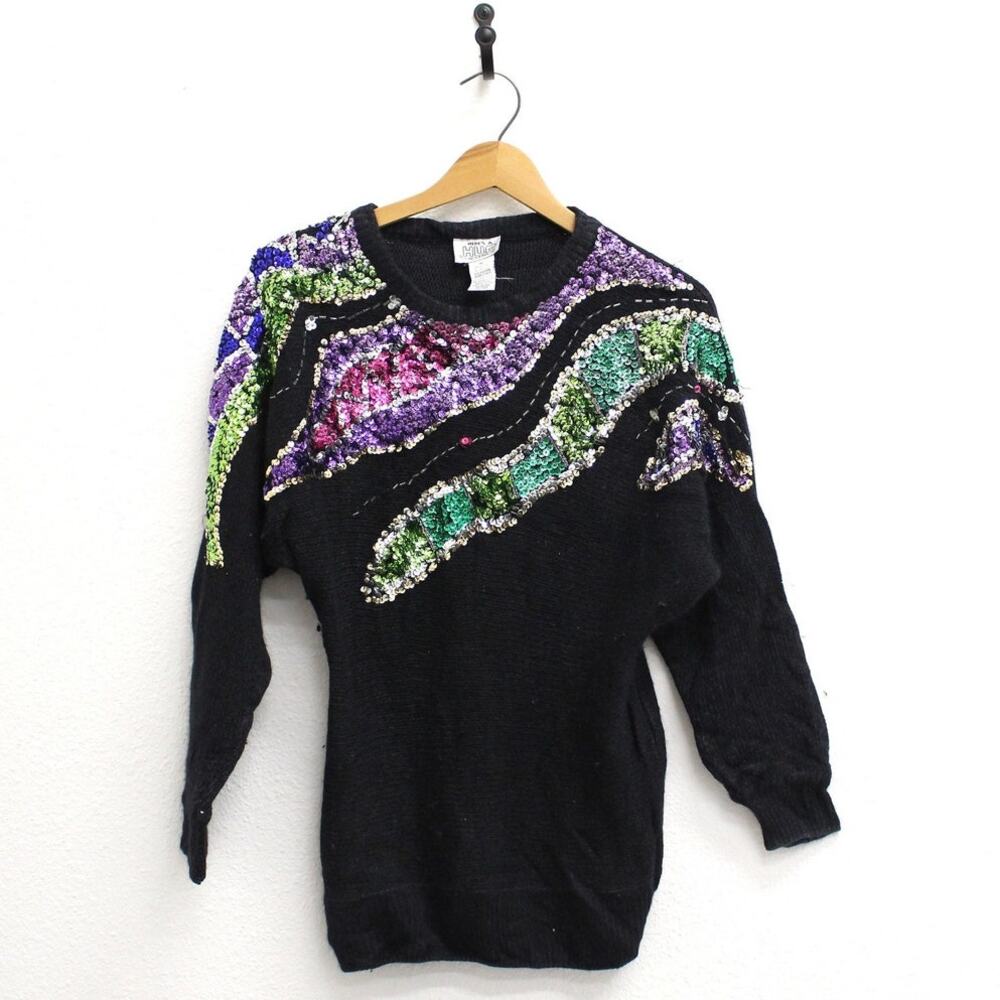 Vintage 80s Black Sequin Sparkle Party Sweater Women’s Medium